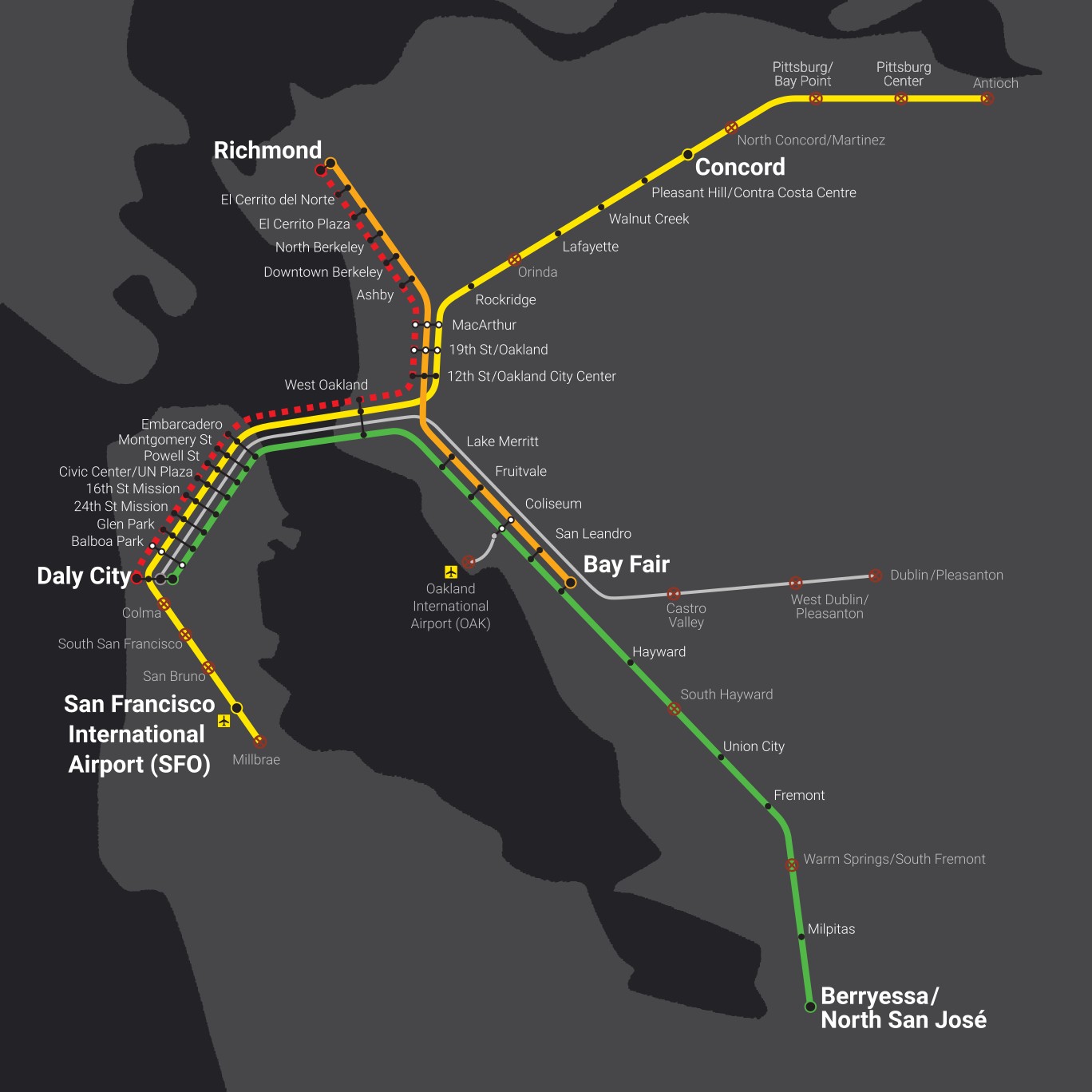 BART service map after Phase 2 service cuts